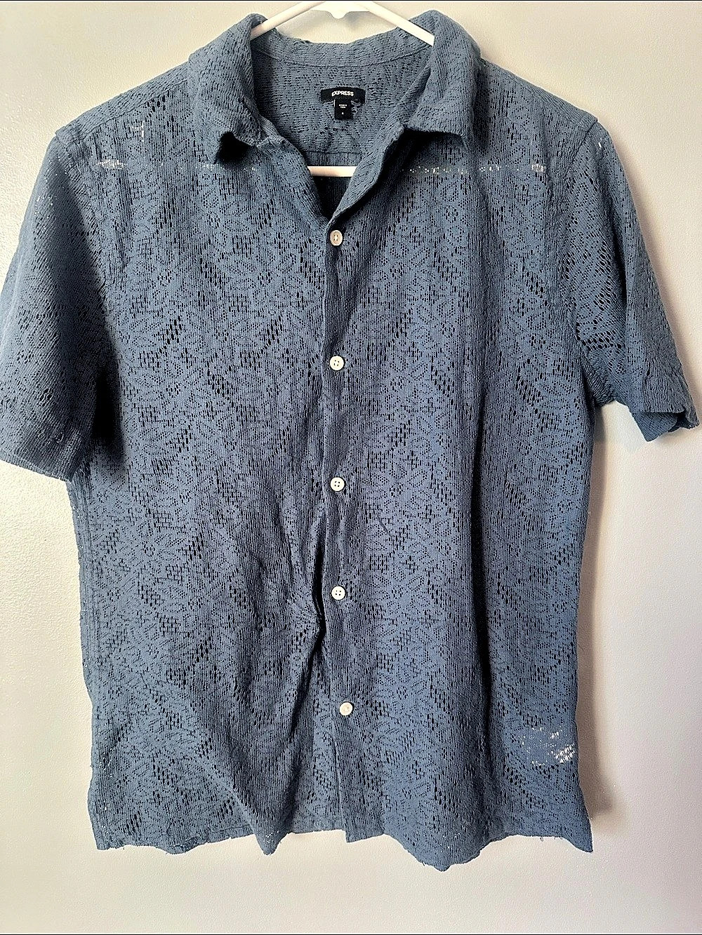 Express Lace Eyelet Floral Geo Tile Short Sleeve Shirt Blue Small